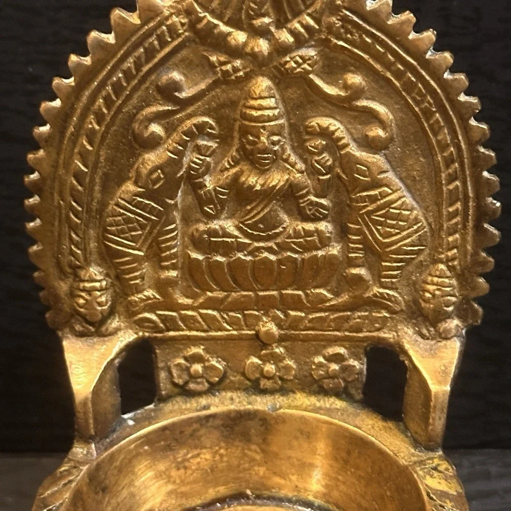 Vintage Brass Kamatchi Amman Vilakku, Gajalakshmi Oil Lamp, Diya, Petina, Marked
